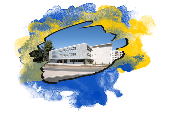 new chemistry building with paint splatter behind it
