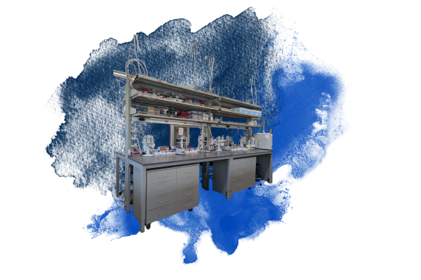 lab bench in front of blue paint splashes